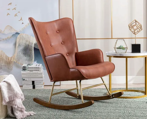 Vista 9 de Sillón mecedor de piel sintética, silla moderna de lectura para sala de estar, dormitorio, oficina, espacios pequeños, color marrón