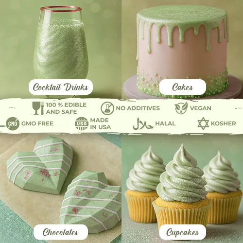 Vista 5 de Polvo brillante comestible para pasteles, polvo de brillo comestible para pasteles, polvo de brillo comestible verde claro para decoraciones