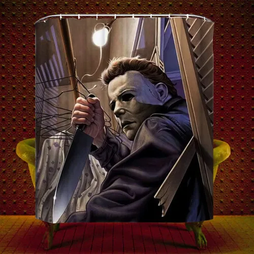 Vista 2 de Juego de cortinas de ducha de Halloween para baño, diseño de asesino del mal miedo Michael Myers, decoración de tela de poliéster con ganchos