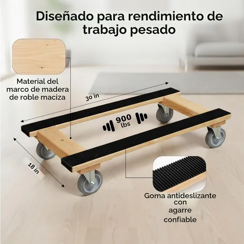 Vista 2 de Mueble Dolly 4 ruedas resistente Dolly móvil plano H marco roble Banda de goma de longitud completa doble riel 18 x 30