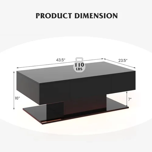 Vista 3 de Tangkula Mesa de centro LED con 2 cajones, mesa central moderna de alto brillo, luces LED regulables de 20 colores y control remoto, mesa auxiliar