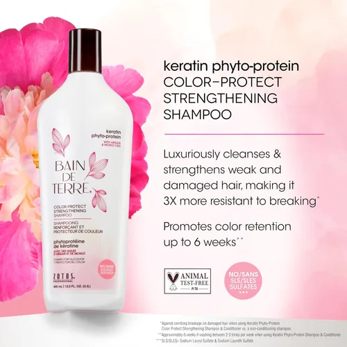 Vista 3 de Bain de Terre Champú fortalecedor de queratina fito-proteína para proteger el color, fortalecimiento seguro para cabello débil y dañado, sin