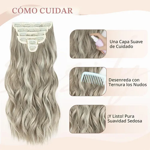 Vista 7 de Fliace Extensiones de cabello con clip, 6 piezas de extensiones onduladas, cabello espeso rubio ceniza, extensiones de cabello que se mezclan bien