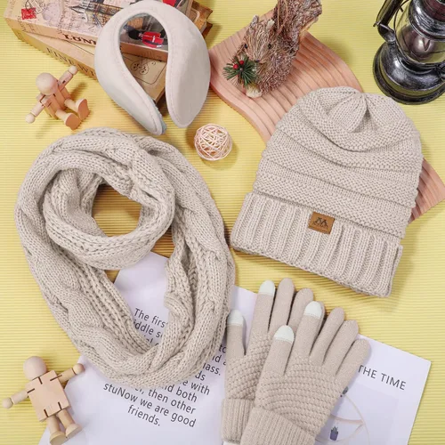 Vista 5 de Motarto Conjunto cálido de invierno, bufanda de punto, gorro, guantes para pantalla táctil, calentador de oídos, equipo para clima frío para hombres