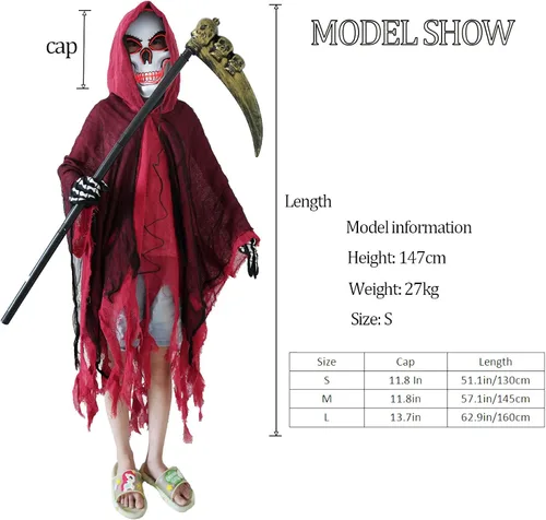 Vista 6 de 2025 Grim Reaper Costume,Scary Halloween Costumes for Kids With LED Mask,Hooded Cloak,Scythe,Gloves Included