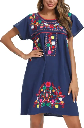 Vista 8 de YZXDORWJ - Vestido mexicano bordado de manga corta para mujer