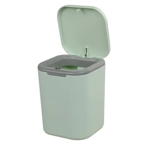 Vista 11 de Cubo de basura pequeño de 0.5 galones para encimera, cesta de basura de escritorio pequeña, color negro Mini basurero de escritorio con botón