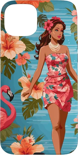 Vista 9 de iPhone 12 Pro Max Vintage Tiki Design - Funda hawaiana retro de flores hula y flamencos