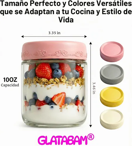 Vista 2 de Paquete de 4 de 10 OZ, Frascos para Avena Nocturna con Tapas, Recipientes de Vidrio para Preparación de Comidas, Frascos Mason Herméticos