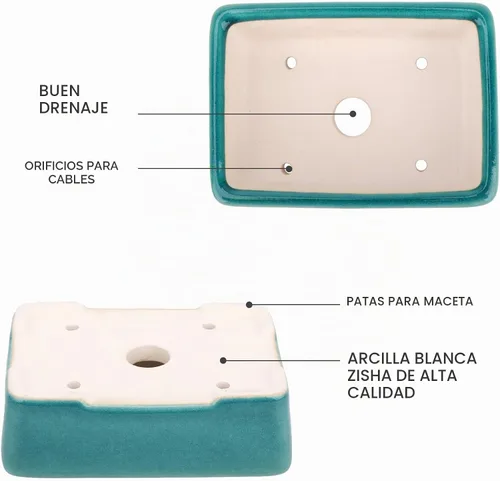 Vista 4 de Zisha - Juego de 2 macetas de arcilla blanca para bonsái esmaltadas poco profundas, color azul