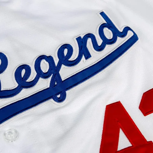 Vista 6 de Dabuliu Camiseta de béisbol retro Black Legend 42 para hombre, parches bordados, camisetas hipster hip hop cosidas