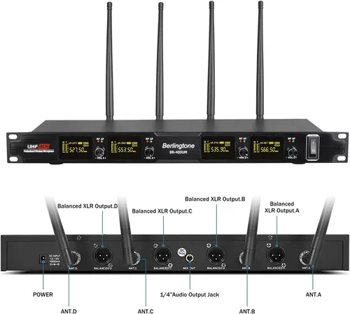 Vista 2 de Sistema de micrófono inalámbrico profesional, juego de micrófono inalámbrico UHF de 4 canales con 2 micrófonos de mano, 2 micrófonos