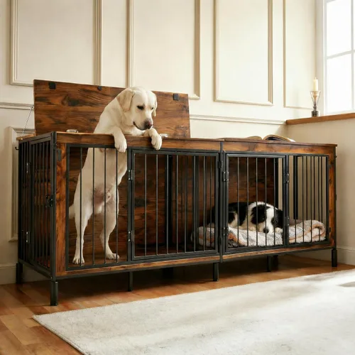 Vista 8 de Mueble de jaula de perro XL de 48 pulgadas para perros grandes y medianos, perrera de madera para interiores con 3 puertas, anillo de bloqueo