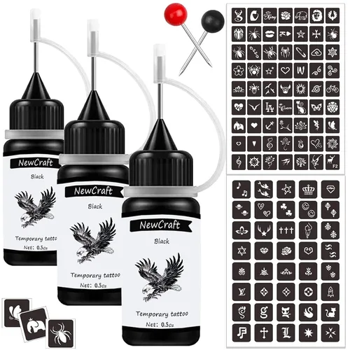 Vista 11 de Tinta de tatuaje temporal y plantillas para adultos, adolescentes y niños, kit de tatuaje temporal agradable a la piel, negro, rojo, marrón, verde