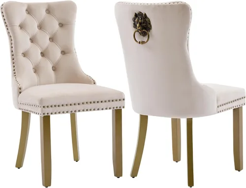Vista 25 de Juego de 2 sillas de comedor de terciopelo beige, modernas sillas de cocina tapizadas