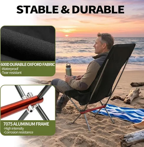 Vista 8 de SHALLWE Camping Chairs, All Aluminum Frame Portable Folding Camp Chair for Adults, Heavy Duty High Back Collapsible with Built-in Pillow, Side