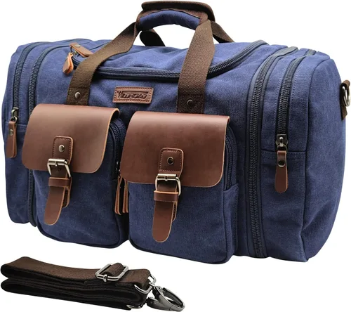 Vista 20 de Wildroad Bolsa de viaje de lona de 50L, bolsa de lona expandible de cuero genuino, bolsa de fin de semana mejorada para una noche, bolsa de mano