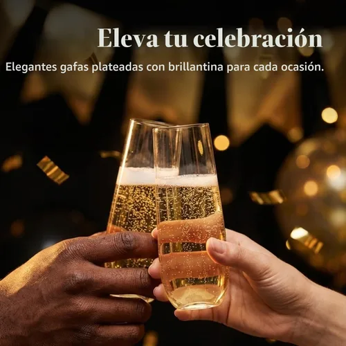 Vista 2 de Prestee 24 Copas de Champán de Plástico - Copas de Champán sin Tallo Resistentes de 9oz para Fiestas - Vasos de Brindis de Plástico Transparente