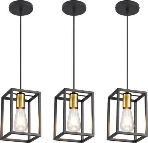Vista 12 de Luces colgantes negras para isla de cocina, lámpara colgante de farol industrial con pantalla de vidrio transparente, iluminación colgante de altura