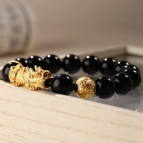 Vista 3 de Pulsera Feng Shui Pixiu de obsidiana negra para hombres y mujeres, pulsera de Feng Shui para buena suerte y riqueza