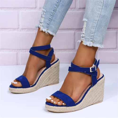 Vista 5 de Sandalias de tacón de paja para mujer, con hebilla elegante, rosa, negro, azul, marrón