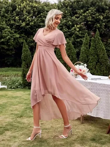 Vista 3 de UZN Vestidos de dama de honor para mujer, cuello en V, manga corta, vestido formal de fiesta
