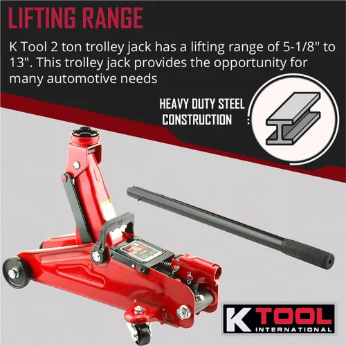 Vista 5 de K Tool International Gato de servicio hidráulico 63103A, rango de elevación de 5-1/8 a 13 pulgadas, acero resistente, ruedas giratorias, protección