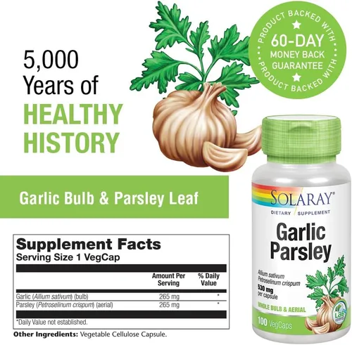 Vista 3 de SOLARAY Bombilla de ajo y hoja de perejil – Suplemento de ajo para hombres y mujeres, proporciona apoyo a base de hierbas, 530 mg de Allium Sativum