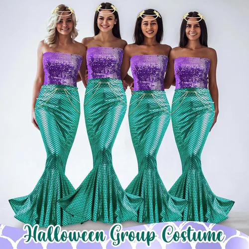 Vista 7 de Toulite Juego de 4 disfraces de sirena de Halloween para mujer, falda de tubo de lentejuelas, falda de cola larga, cintura de perlas y cadena