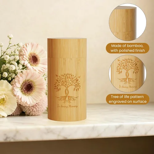 Vista 3 de Paquete de 2 urnas pequeñas para recuerdo de cenizas humanas, mini urnas de bambú con patrón de árbol de la vida, mini urna de cremación