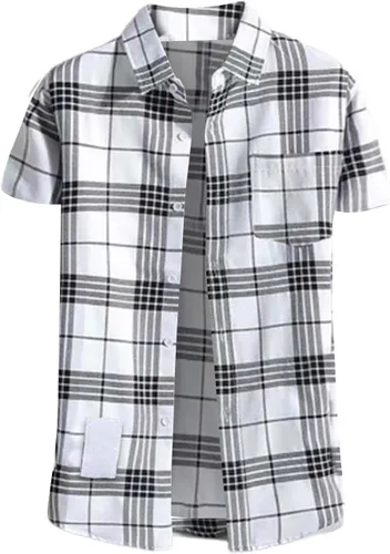 Vista 9 de Camisas de manga corta con botones para hombre, de algodón, a cuadros, ajuste regular, camisas casuales con botones y bolsillo