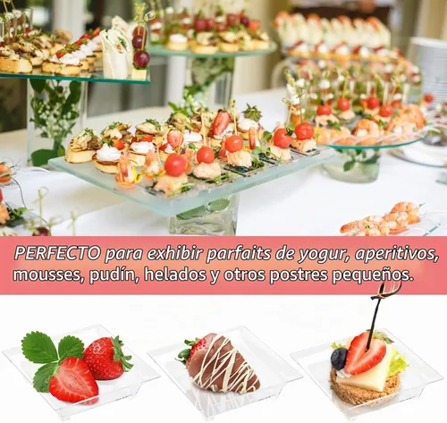 Vista 4 de Mini platos cuadrados de postre con cucharas, 1 onza Small Plastic Appetizer Plates, Individual Party Serving Trays, Tiny, or Hors D'oeuvres