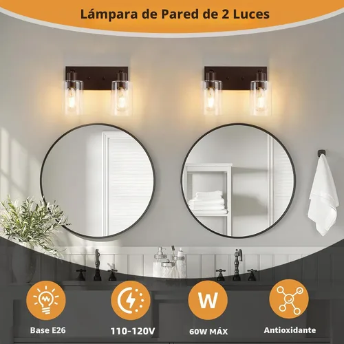 Vista 5 de 2 Luces de Iluminación para Baño, Accesorios de Iluminación de Tocador en Bronce Cepillado con Soporte de Vidrio Transparente de 33cm, Lámparas