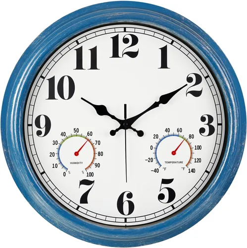 Vista 9 de JENLYSTIME Reloj de pared retro impermeable de 12 pulgadas para interior/exterior con termómetro, silencioso, redondo, de cuarzo, funciona con 40