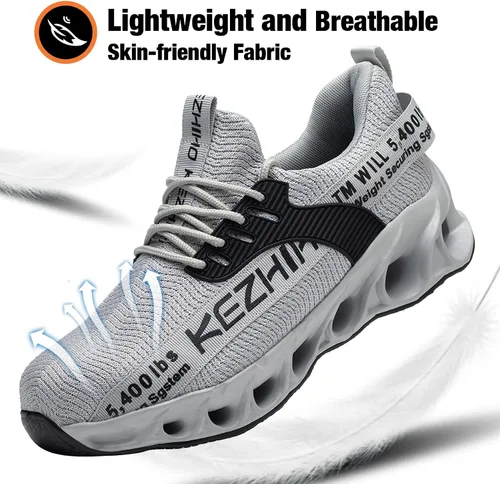 Vista 5 de Kezhiho Zapatos con punta de acero para hombre, ligeros, cómodos, transpirables, a prueba de pinchazos, antideslizantes, a la moda, zapatos