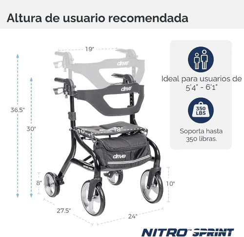 Vista 8 de Drive Medical Nitro Sprint - Andador plegable con asiento, ligero, para estatura estándar, con ruedas grandes, plegable, color negro