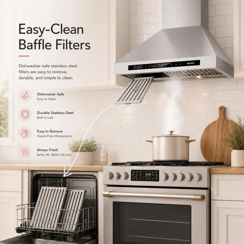 Vista 5 de Brano Range Hood 30 Inch Wall Mount, 900 CFM Ducted/Ductless Convertible, 4-Speed Stainless Steel Vent Hood, Voice Gesture Touch Control Panel