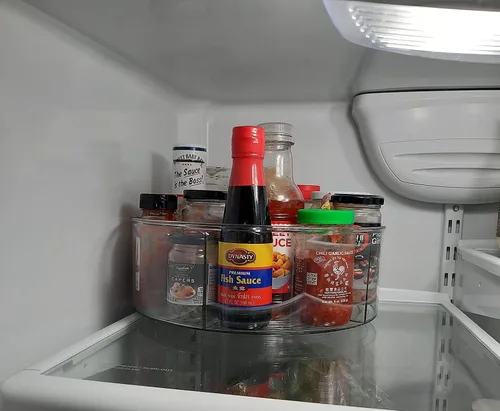 Vista 4 de Organizador giratorio grande Lazy Susan con 5 divisores, para cocina, baño, gabinete, despensa, refrigerador, encimera, tocador, contenedor