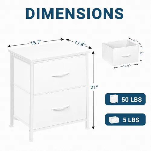 Vista 2 de LOFTEY Mesita de noche blanca, mesita de noche con 2 cajones de tela, mesita de noche para niños pequeños para dormitorio, mesa auxiliar de cama
