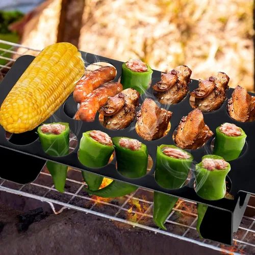 Vista 7 de Rejilla de jalapeño negro de 18 agujeros para chile, parrilla de acero inoxidable con asa, soporte de jalapeño para barbacoa, ahumador u horno