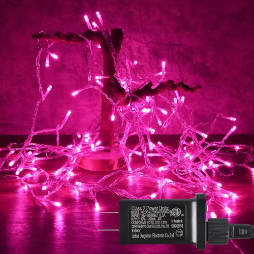 Vista 3 de Cadena de luces rosa para exteriores, decoraciones de San Valentín, 8 modos de luces de hadas de Navidad, enchufe para árbol del dormitorio