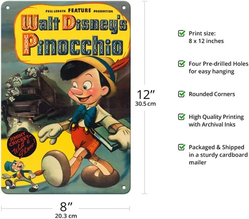 Vista 2 de Disney's Pinocho - Cartel de metal vintage con Jiminy Cricket - Cartel de metal vintage c.1940-8 x 12 pulgadas