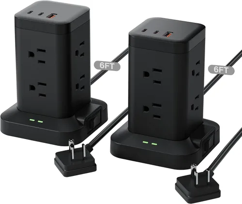 Vista 18 de Torre de regleta de alimentación con protector de sobretensiones de 1800J, torre de carga rápida PD20W puertos USB-C con 12 salidas de CA, cable