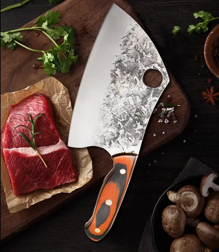 Vista 6 de Kitory Cuchillo de chef serbio, cuchillo de cocina forjado para carnicero, espiga completa, acero de alto carbono, remache de mosaico, mango
