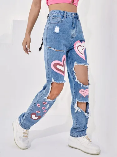 Vista 4 de Floerns Pantalones de mezclilla rectos con estampado de cintura alta y pierna ancha para mujer