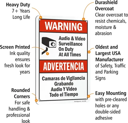 Vista 4 de SmartSign Paquete de 2 señales "Advertencia: Vigilancia de Audio y Video en Servicio en Todo Momento" Bilingüe - 7" x 10", Aluminio Metalizado
