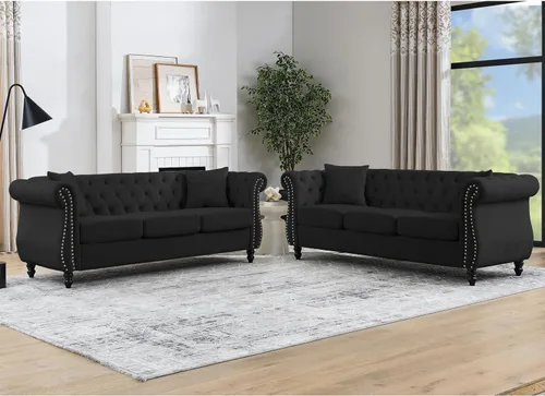 Vista 12 de Juego de Sofá Combinado de Terciopelo Chesterfield de 2 Piezas para Sala de Estar, Sofá de 3 Plazas y Loveseat con Tapizado Capitoné con 4