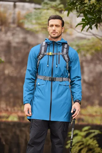 Vista 45 de COOFANDY Chubasquero largo para hombre, chaqueta impermeable para exteriores, con capucha