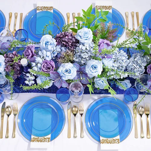 Vista 4 de YOUBET 175 PIEZAS Platos de Plástico Azul Transparente - Platos Desechables Azules y Dorados Incluyen 50 Platos, 75 Cubiertos, 25 Vasos, 25