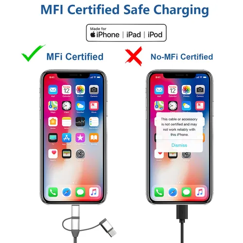 Vista 5 de Adaptador de cable de carga 3 en 1, Lightning certificado MFi de Apple, tipo C, cable micro USB, compatible con iPhone 16/15/14, iPad, Huawei, HTC